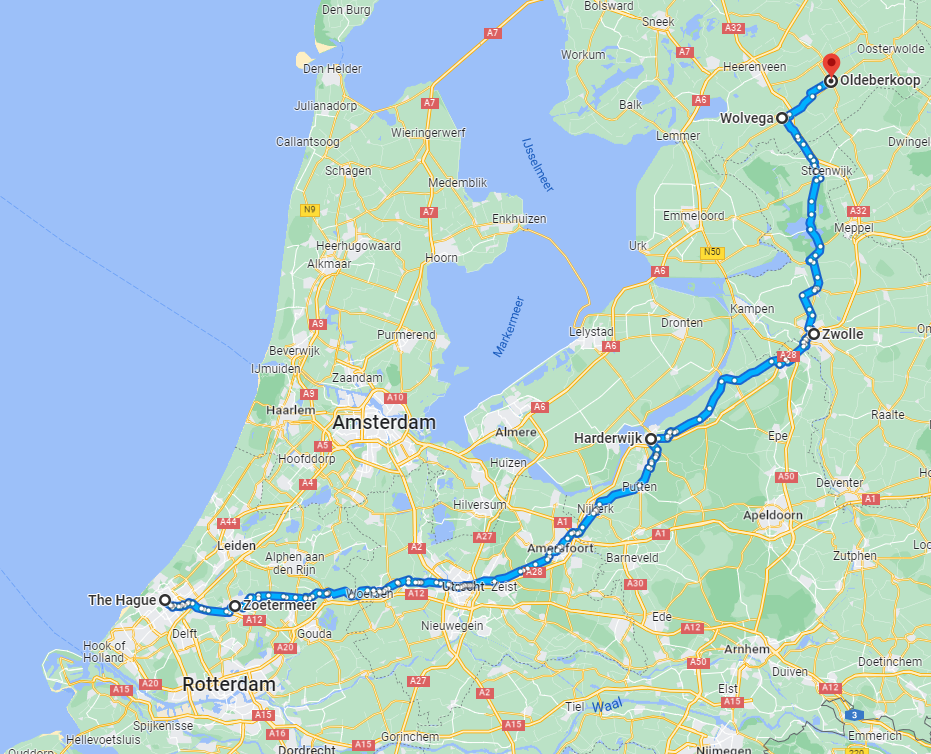 approximate route from Den Haag to Oldeberkoop